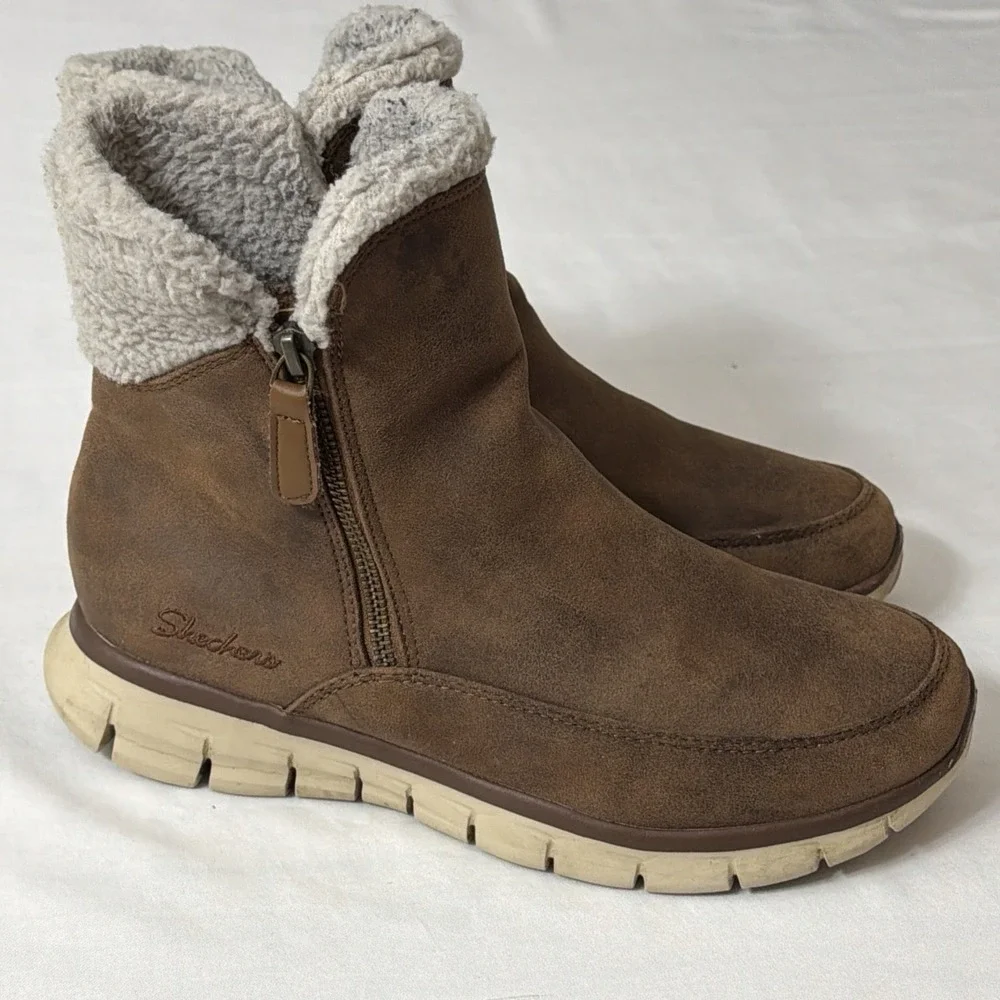 Skechers Winter Snow Boots Womens 9 Synergy‎ Collab Brown Zip Faux Fur 44779 Fit